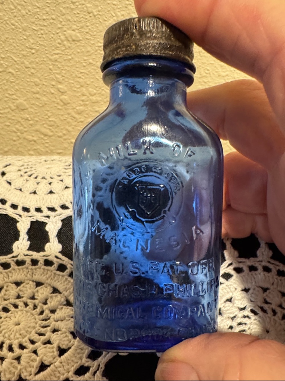 Cobalt Blue Glass Phillips Milk of Magnesia Bottle with Original Lid - Picture 2 of 15